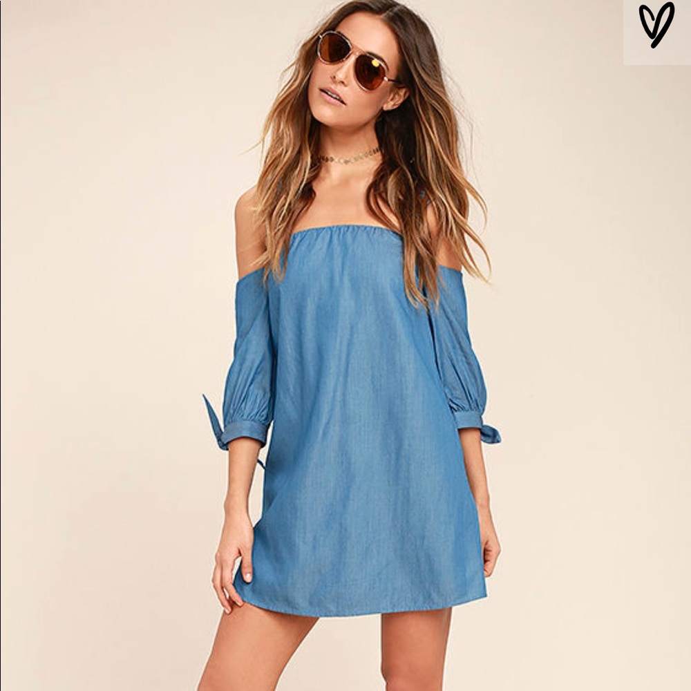 Be Home Soon Blue Chambray Off-the-Shoulder Dress